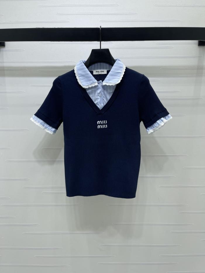 designer,replica,clothing,fake,1:1,lv,luxury,high quality MiuMiu striped patchwork knit short-sleeved T-shirt with Peter Pan collar (23W2S) designer,replica,clothing,fake,1:1,lv,luxury,high quality MiuMiu striped patchwork knit short-sleeved T-shirt with Peter Pan collar (23W2S)