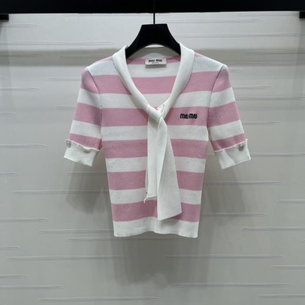 designer,replica,clothing,fake,1:1,lv,luxury,high quality MiuMiu striped knit short-sleeved shirt with collar (11Y9L)