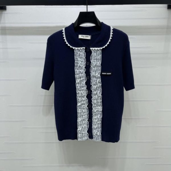 designer,replica,clothing,fake,1:1,lv,luxury,high quality MiuMiu Ruffled Collar Knit Short-Sleeve Top (JIFOR)