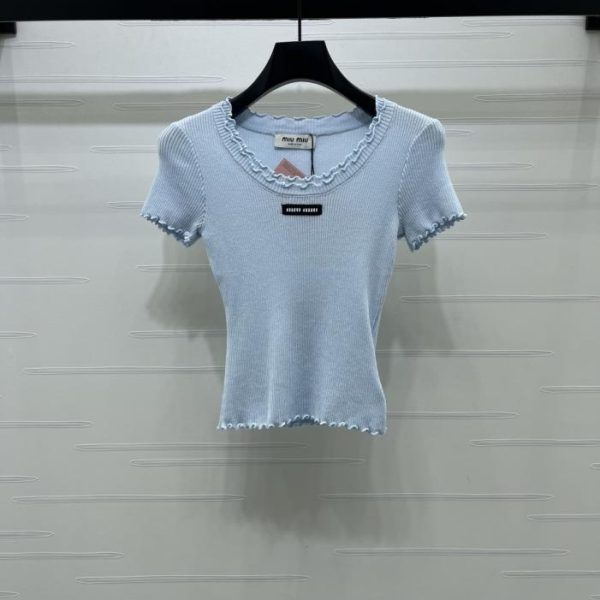 designer,replica,clothing,fake,1:1,lv,luxury,high quality MiuMiu Ruffled Round Neck Knit Short-Sleeve T-Shirt (KV80D)