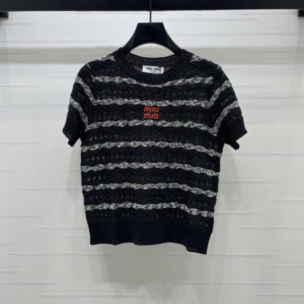 designer,replica,clothing,fake,1:1,lv,luxury,high quality MiuMiu Striped Openwork Knit Short-Sleeve T-Shirt (K06YS)