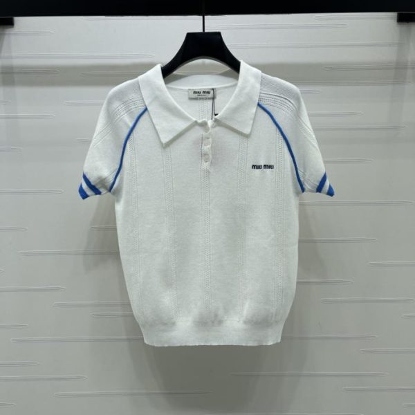 designer,replica,clothing,fake,1:1,lv,luxury,high quality MiuMiu white knit polo shirt with blue contrasting stripes (BL86F)