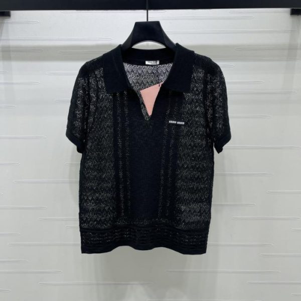 designer,replica,clothing,fake,1:1,lv,luxury,high quality MiuMiu Openwork Collar Knit Short-Sleeve T-Shirt (U8VXJ)