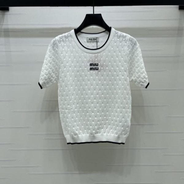 designer,replica,clothing,fake,1:1,lv,luxury,high quality MiuMiu Openwork Knit Crew Neck Short-Sleeve T-Shirt (LVUGH)
