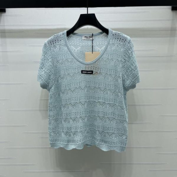 designer,replica,clothing,fake,1:1,lv,luxury,high quality MiuMiu Openwork Knit Short-Sleeve T-Shirt (01ND0)