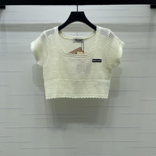 designer,replica,clothing,fake,1:1,lv,luxury,high quality MiuMiu openwork crochet knit short-sleeved top (D1OBV)