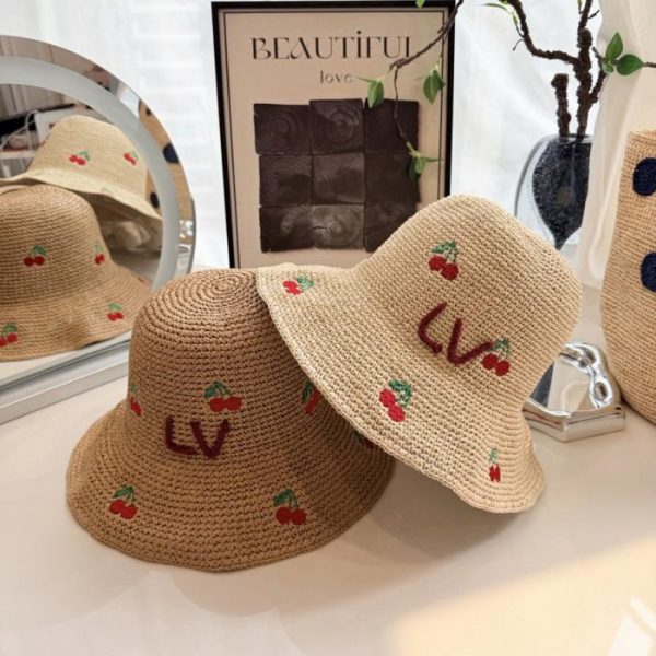 designer,replica,clothing,fake,1:1,lv,luxury,high quality LV Cherry Embroidery Straw Fisherman’s Hat, Hand-crocheted Raffia, All-over Cherry Embroidery (KKSKSO)