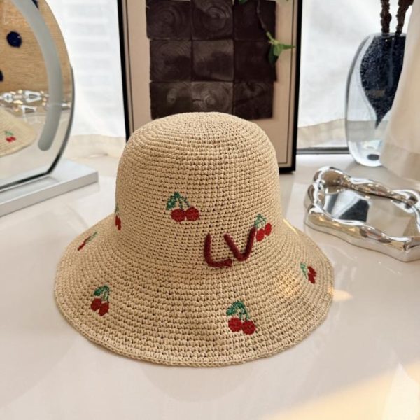 designer,replica,clothing,fake,1:1,lv,luxury,high quality LV Cherry Embroidery Straw Fisherman’s Hat, Hand-crocheted Raffia, All-over Cherry Embroidery (URN6CG)