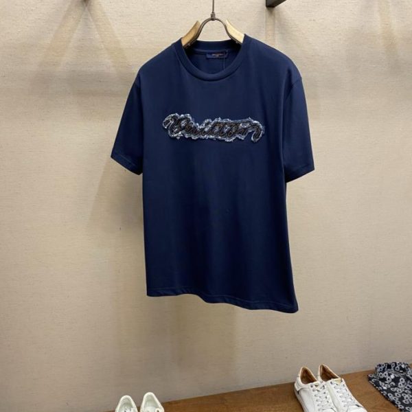 designer,replica,clothing,fake,1:1,lv,luxury,high quality LV Denim Appliqué Embroidered Crew Neck Short-Sleeve T-Shirt (8GNMQD)