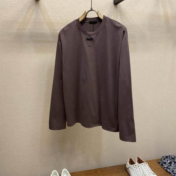 designer,replica,clothing,fake,1:1,lv,luxury,high quality Prada 100% Cotton Brown Loose-fitting Crew Neck Long-sleeved Top (3R5J3B)