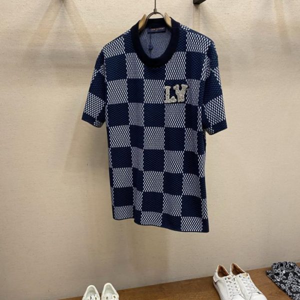 designer,replica,clothing,fake,1:1,lv,luxury,high quality LV Damier Cotton Knit Short-Sleeve Top with Rhinestone Embellishing (SZRF4Y)