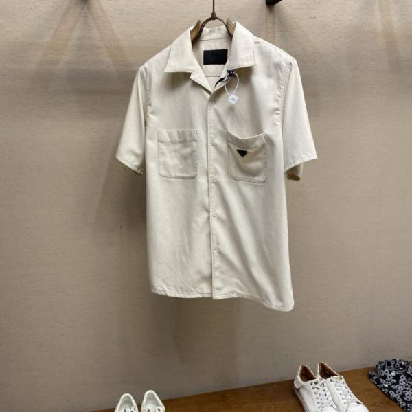 designer,replica,clothing,fake,1:1,lv,luxury,high quality Prada triangular logo cotton-linen short-sleeved shirt (X1CXK3)