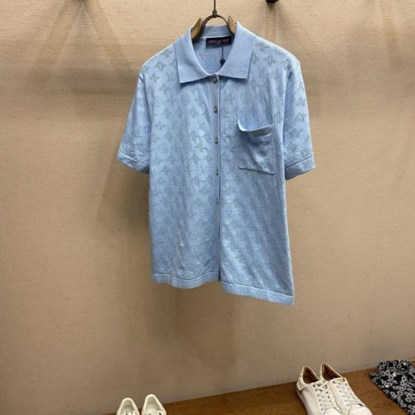 designer,replica,clothing,fake,1:1,lv,luxury,high quality New LV letter perforated jacquard knit short-sleeved top (GB5QC2)