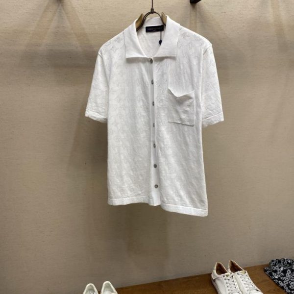 designer,replica,clothing,fake,1:1,lv,luxury,high quality New LV letter perforated jacquard knit short-sleeved top (MFXUGF)