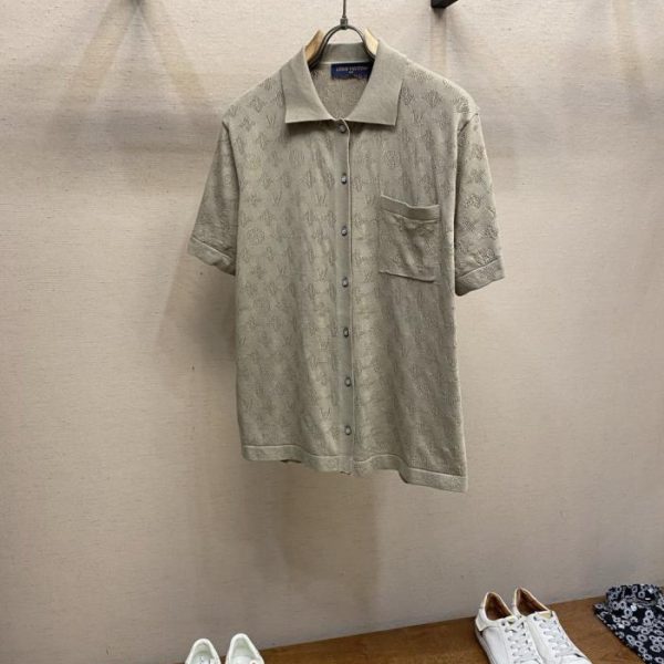 designer,replica,clothing,fake,1:1,lv,luxury,high quality New LV letter perforated jacquard knit short-sleeved top (TYRD0G)