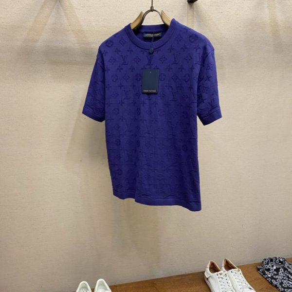 designer,replica,clothing,fake,1:1,lv,luxury,high quality New LV purple-blue all-over subtle letter jacquard knit sweater short-sleeved (BIDLT9)