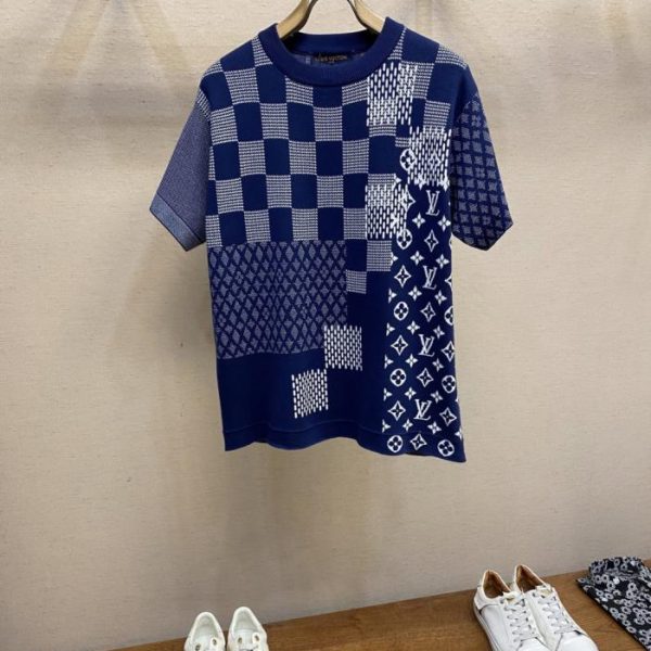 designer,replica,clothing,fake,1:1,lv,luxury,high quality Louis Vuitton new letter jacquard color-blocked checkered knit short-sleeved top (MRGNS9)