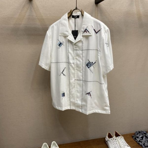 designer,replica,clothing,fake,1:1,lv,luxury,high quality Fendi New Double F Embroidered Bowler Collar Linen Short-Sleeve Shirt (M3J6Y9)
