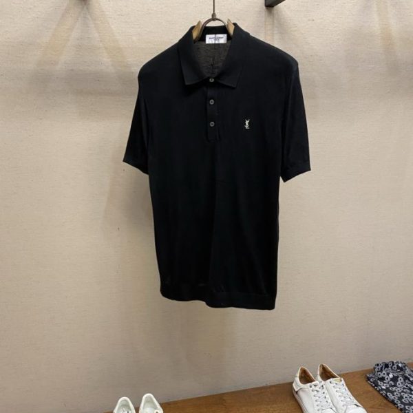 designer,replica,clothing,fake,1:1,lv,luxury,high quality YSL Merino Wool + Tencel Blend Knit Short-Sleeve T-Shirt with Collar (37J9RA)