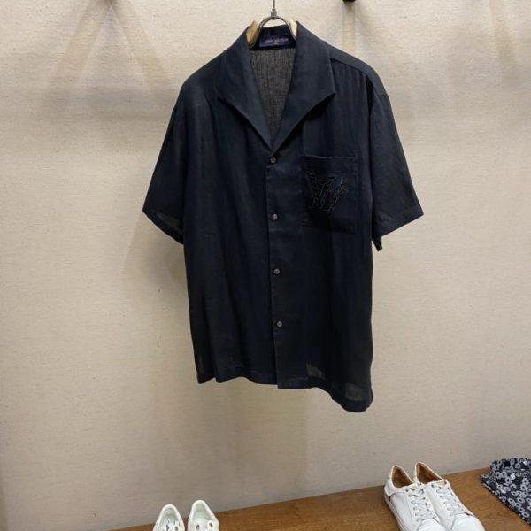 designer,replica,clothing,fake,1:1,lv,luxury,high quality LV pocket logo openwork embroidered detail linen shirt (J1QFG0)