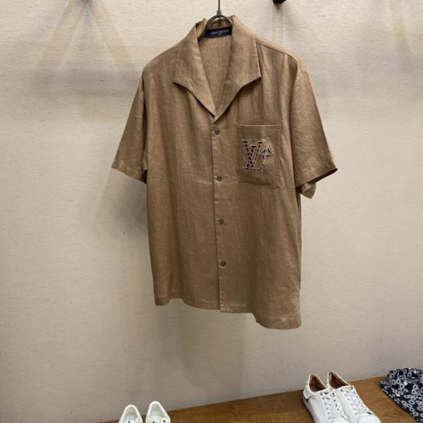 designer,replica,clothing,fake,1:1,lv,luxury,high quality LV Pocket Logo Perforated Embroidery Details Linen Shirt (MJ0U3X)