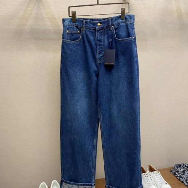 designer,replica,clothing,fake,1:1,lv,luxury,high quality LV rolled-up hem jacquard leather jeans with logo patch (B8YU1J)
