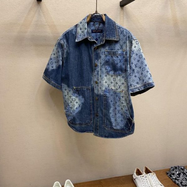 designer,replica,clothing,fake,1:1,lv,luxury,high quality LV all-over Monogram print short-sleeved denim shirt (ZSKN9S)