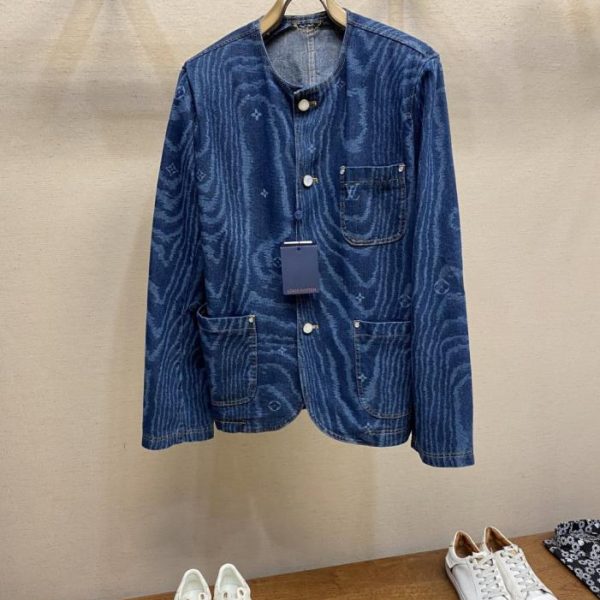 designer,replica,clothing,fake,1:1,lv,luxury,high quality Louis Vuitton Men’s Cotton Printed Collarless Denim Jacket (Z3XJQ6)