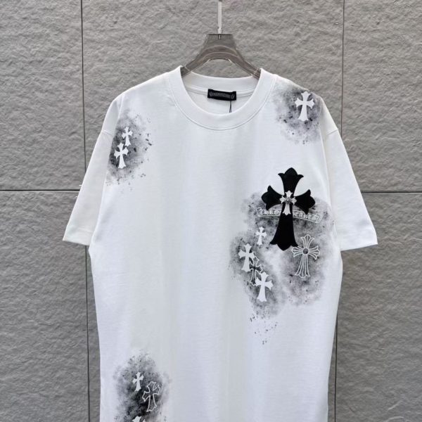 designer,replica,clothing,fake,1:1,lv,luxury,high quality Chrome Hearts Spring/Summer New Arrival: Dot Print + Leather Patchwork Cross Embroidery Crew Neck Short-Sleeve T-Shirt (SZFC2N)