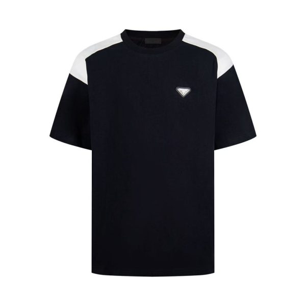 designer,replica,clothing,fake,1:1,lv,luxury,high quality PRADA triangular logo patchwork short-sleeved T-shirt (4C25IF)