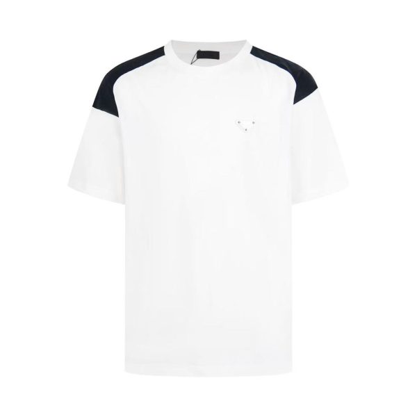 designer,replica,clothing,fake,1:1,lv,luxury,high quality PRADA triangular logo patchwork short-sleeved T-shirt (IJJID8)