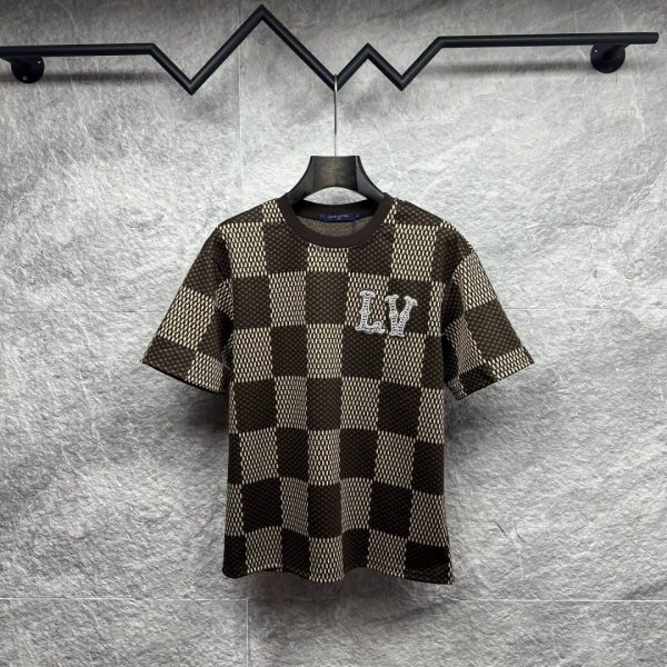 designer,replica,clothing,fake,1:1,lv,luxury,high quality New LV Damier Pattern Rhinestone Logo Couple Short-Sleeve T-Shirt (6EYXYH)