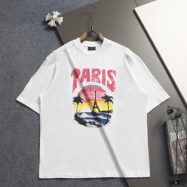 designer,replica,clothing,fake,1:1,lv,luxury,high quality BALENCIAGA Hawaiian Sunset Coconut Island Parisian Tower Print Logo Enhanced Design – Official Style Short-Sleeve T-Shirt (KM4RMR)