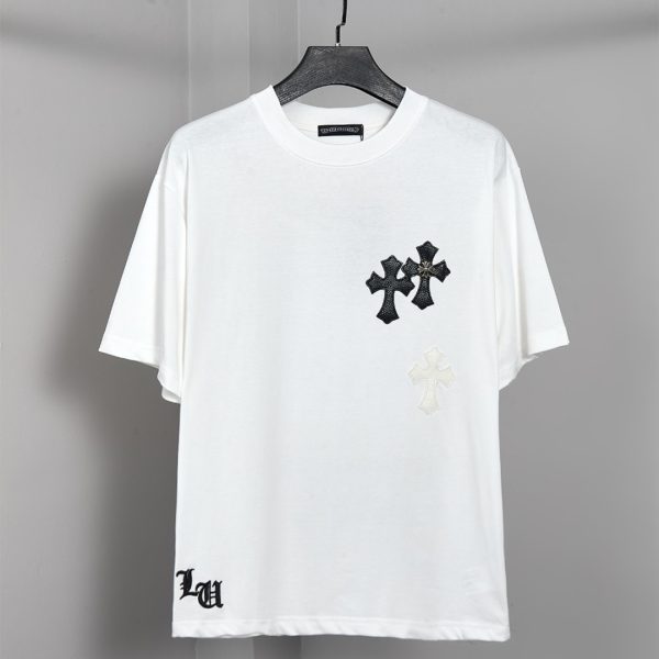 designer,replica,clothing,fake,1:1,lv,luxury,high quality Style number PJ0155 Chrome Hearts Sanskrit heavy-duty leather label cross Sanskrit short-sleeved T-shirt (HZC9US)