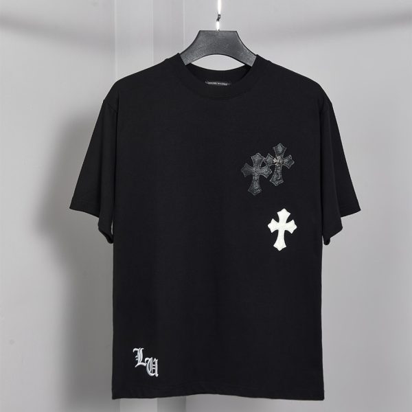 designer,replica,clothing,fake,1:1,lv,luxury,high quality Style number PJ0155 Chrome Hearts Sanskrit heavy-duty leather label cross Sanskrit short-sleeved T-shirt (I57RL3)
